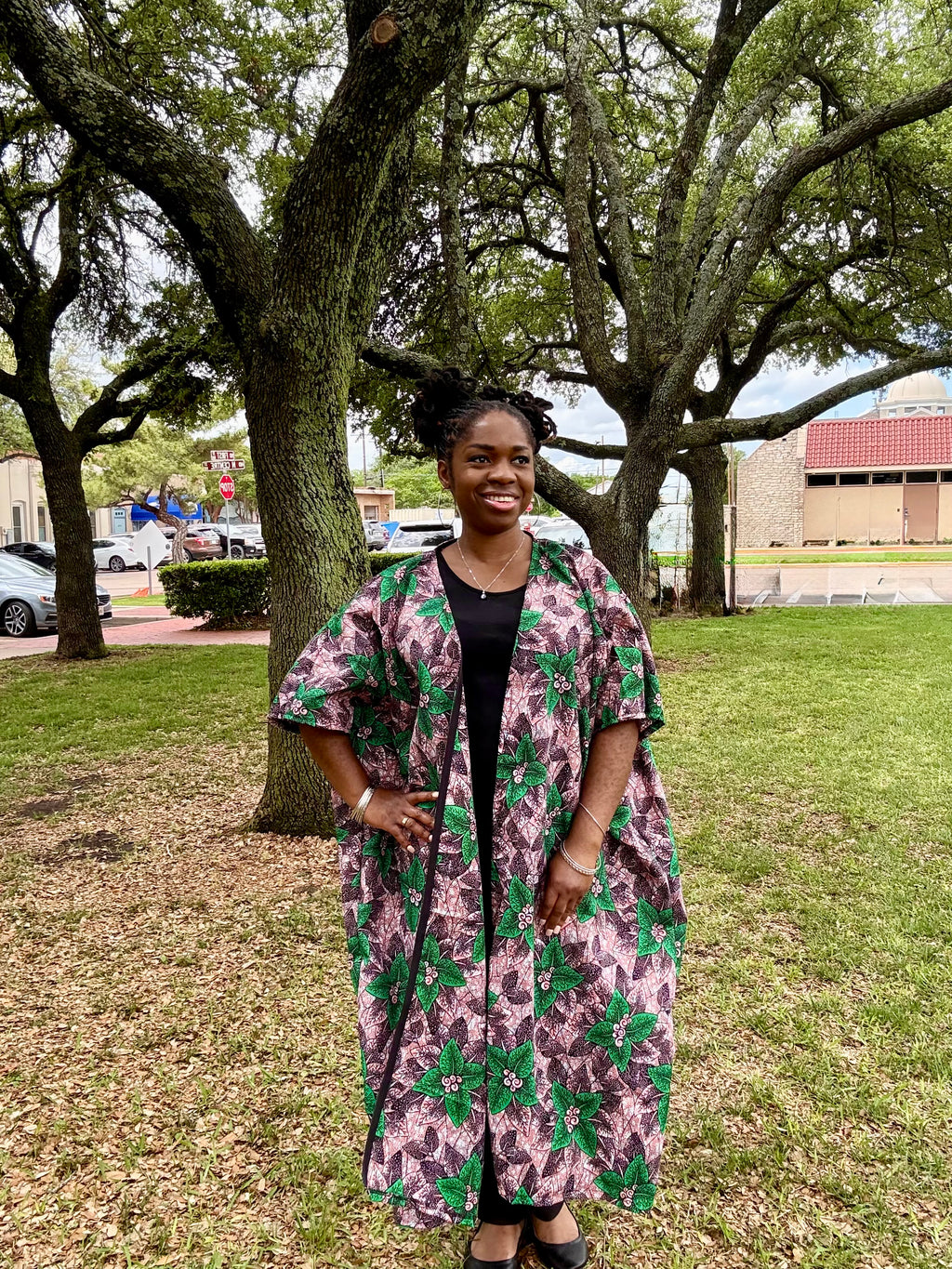 IFURU Elegant African Print Kimono - Vibrant Green & Purple Floral Design