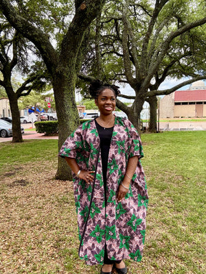 IFURU Elegant African Print Kimono - Vibrant Green & Purple Floral Design