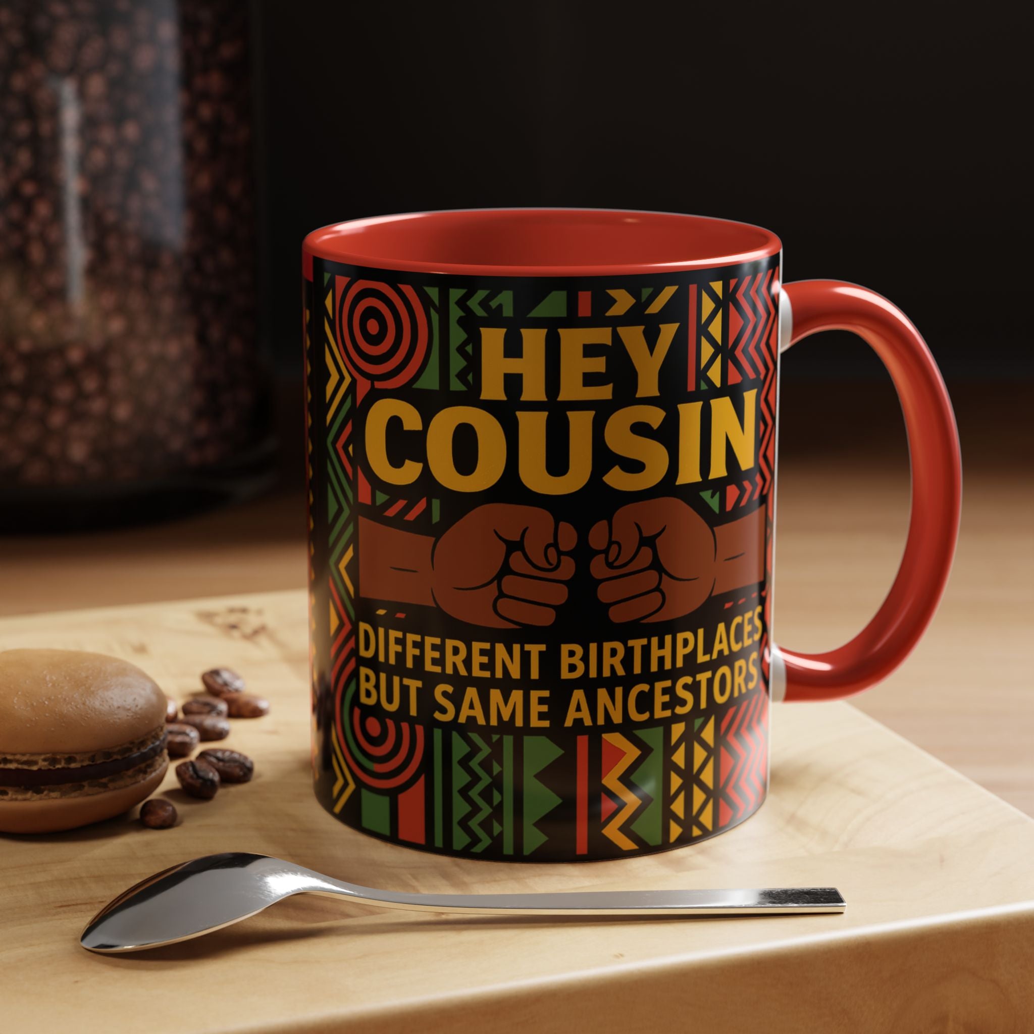 Cultural Connection Coffee Mug, Black Accent Mug, Family Bonding Gift, Customizable Drinkware, Heritage Celebration Cup