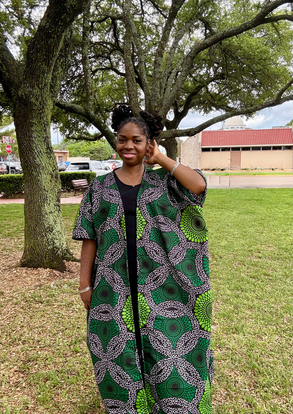 OSISI Luxury African Print Kimono – Handcrafted Green and Black Ankara Duster