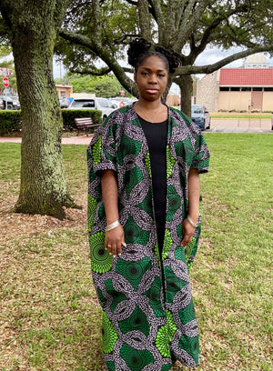 OSISI Luxury African Print Kimono – Handcrafted Green and Black Ankara Duster
