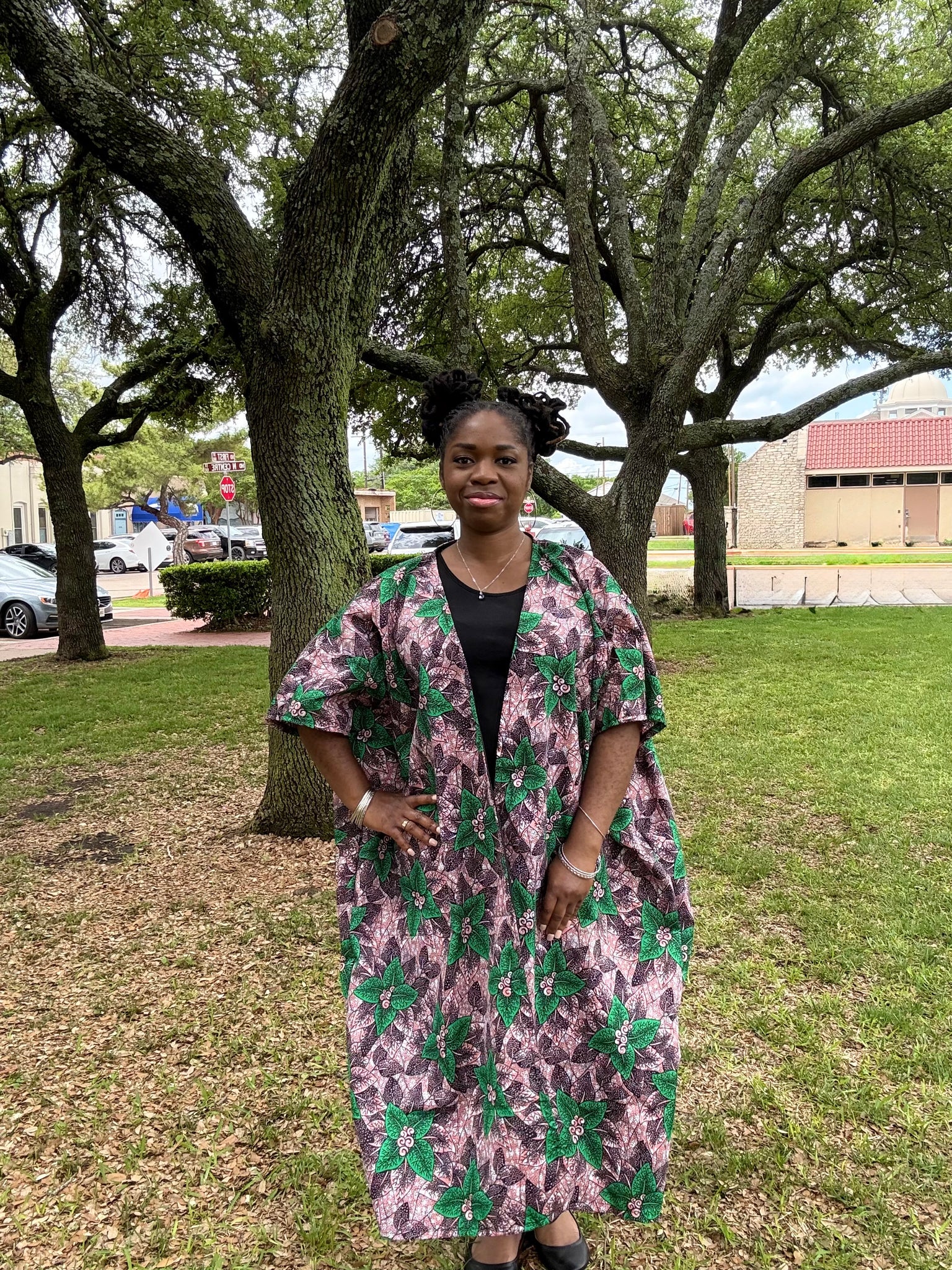 IFURU Elegant African Print Kimono - Vibrant Green & Purple Floral Design