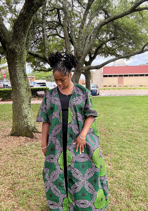 OSISI Luxury African Print Kimono – Handcrafted Green and Black Ankara Duster