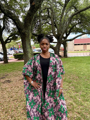 IFURU Elegant African Print Kimono - Vibrant Green & Purple Floral Design