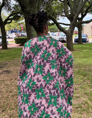 IFURU Elegant African Print Kimono - Vibrant Green & Purple Floral Design