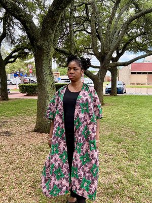 IFURU Elegant African Print Kimono - Vibrant Green & Purple Floral Design