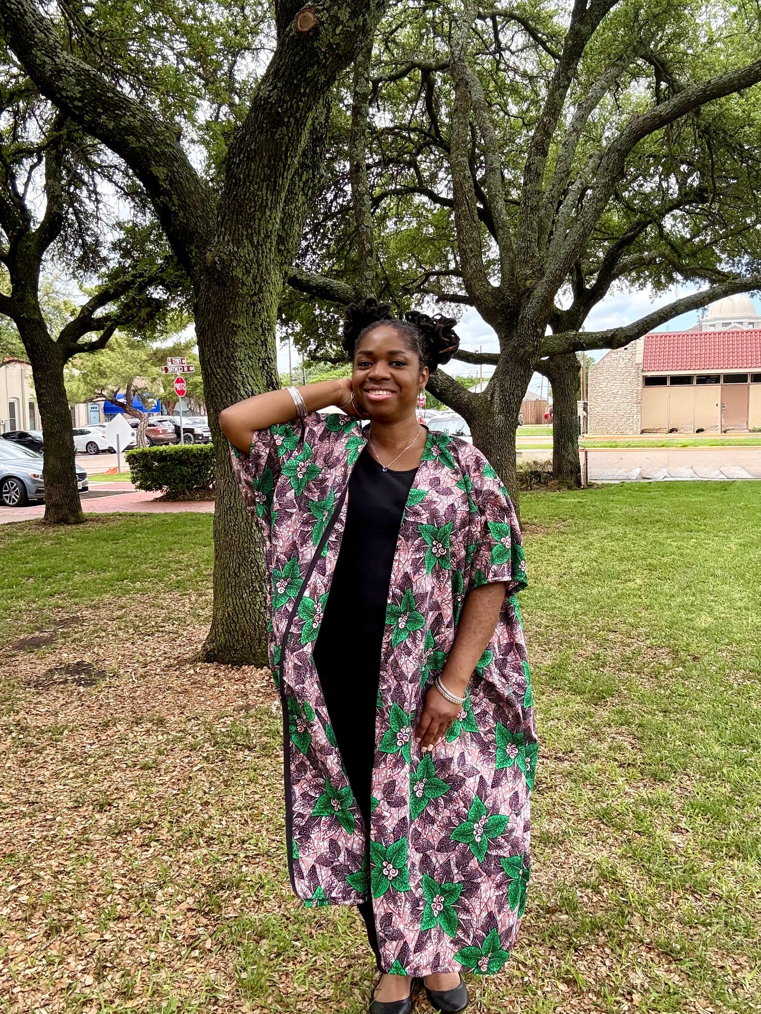IFURU Elegant African Print Kimono - Vibrant Green & Purple Floral Design