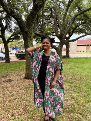 IFURU Elegant African Print Kimono - Vibrant Green & Purple Floral Design