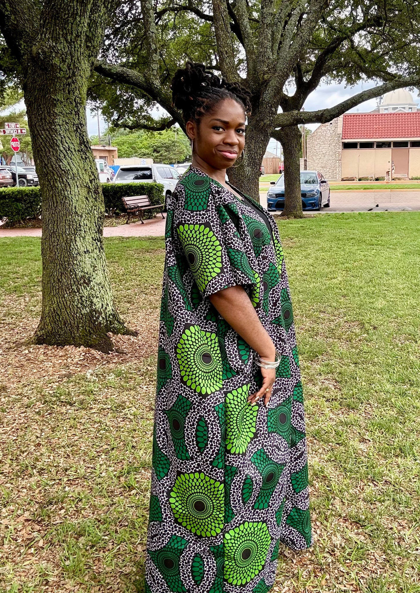 OSISI Luxury African Print Kimono – Handcrafted Green and Black Ankara Duster