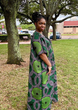 OSISI Luxury African Print Kimono – Handcrafted Green and Black Ankara Duster