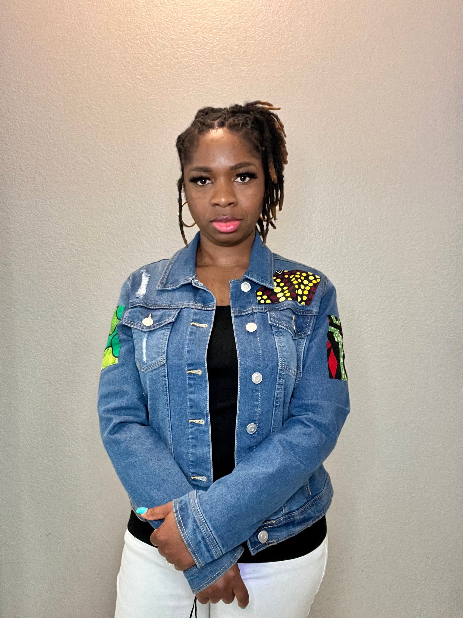 Denim jacket top with patches women's