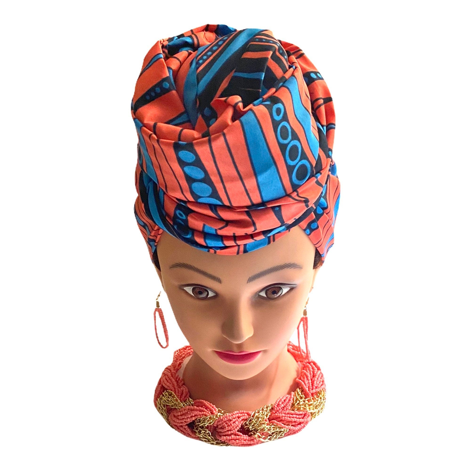 Orangy Blue Head Wrap - Zesty - Couture