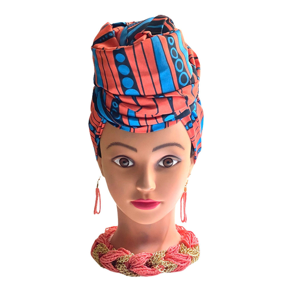 Orangy Blue Head Wrap - Zesty - Couture